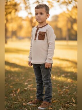 Tea Collection Boys Waffle Cream Long Sleeve Top Brown Trim and Grey Jeans